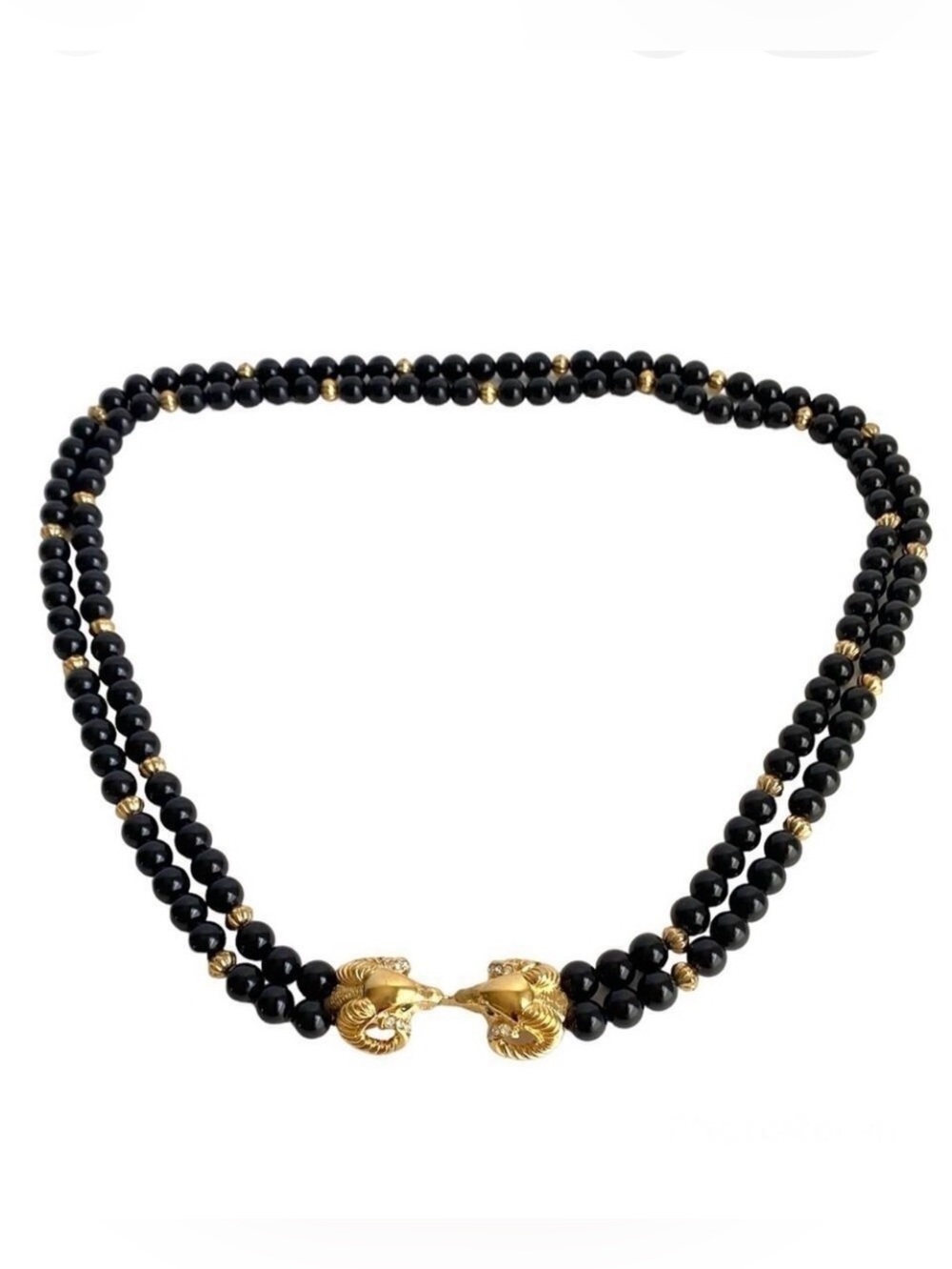 Vintage Kenneth Jay Lane Rams‎ Head Necklace KJL Black Gold Beaded Multi-strand